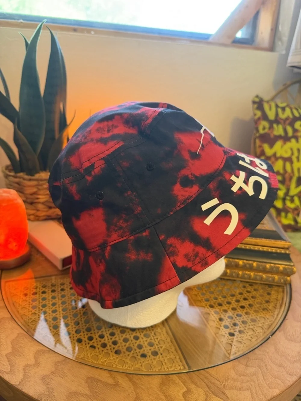 Red and Black Tie-Dye Bucket Hat with White Graphic